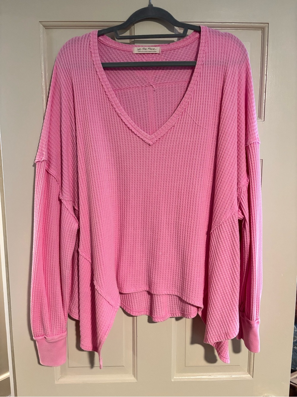 We The Free Pink Waffle V-Neck Oversized Top